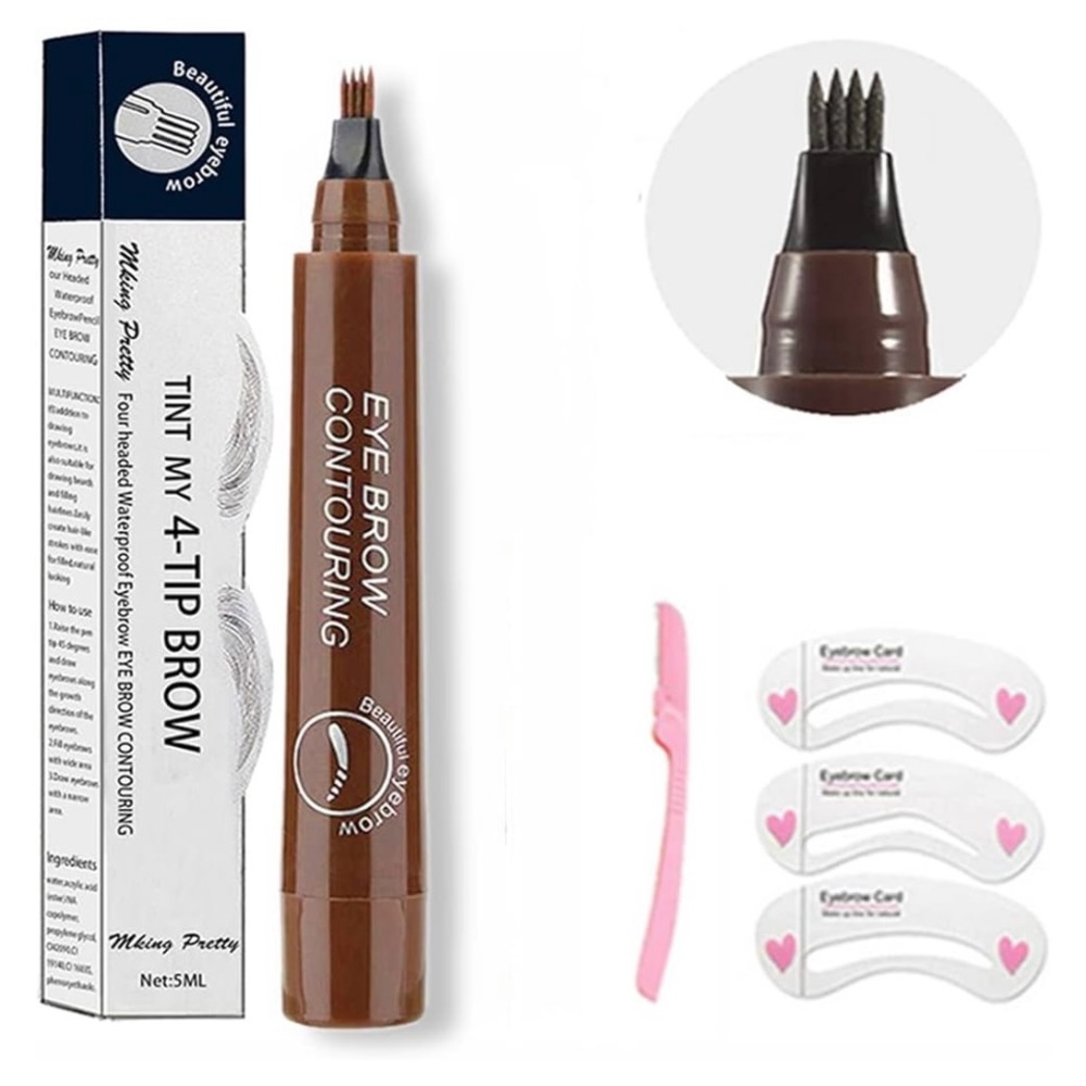 4-point eyebrow pencil kit with 3 stencils and 1 razor (red brown#3)
